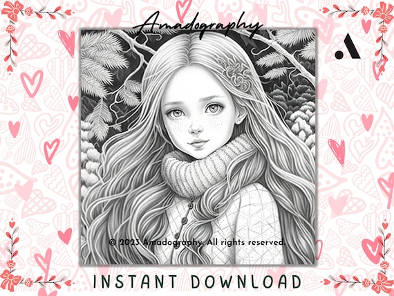 Winter cute girls coloring page printable adult coloring pages book download light dark greyscale illustration download now