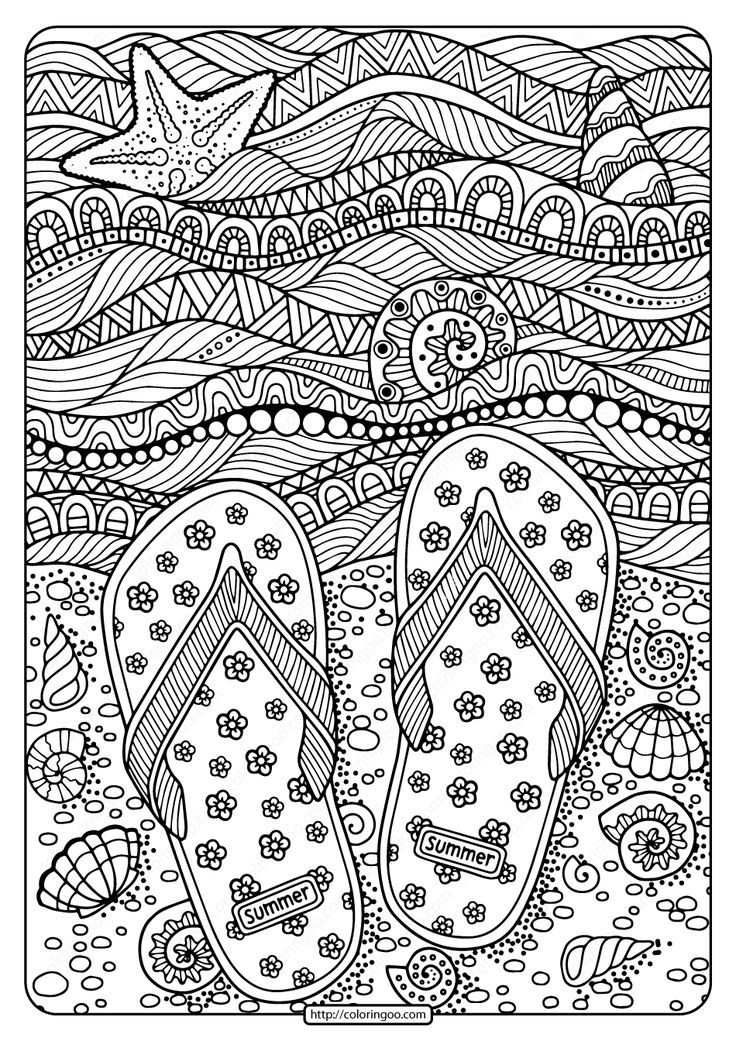 Printable flip flops on beach pdf coloring page beach coloring pages coloring books summer coloring pages