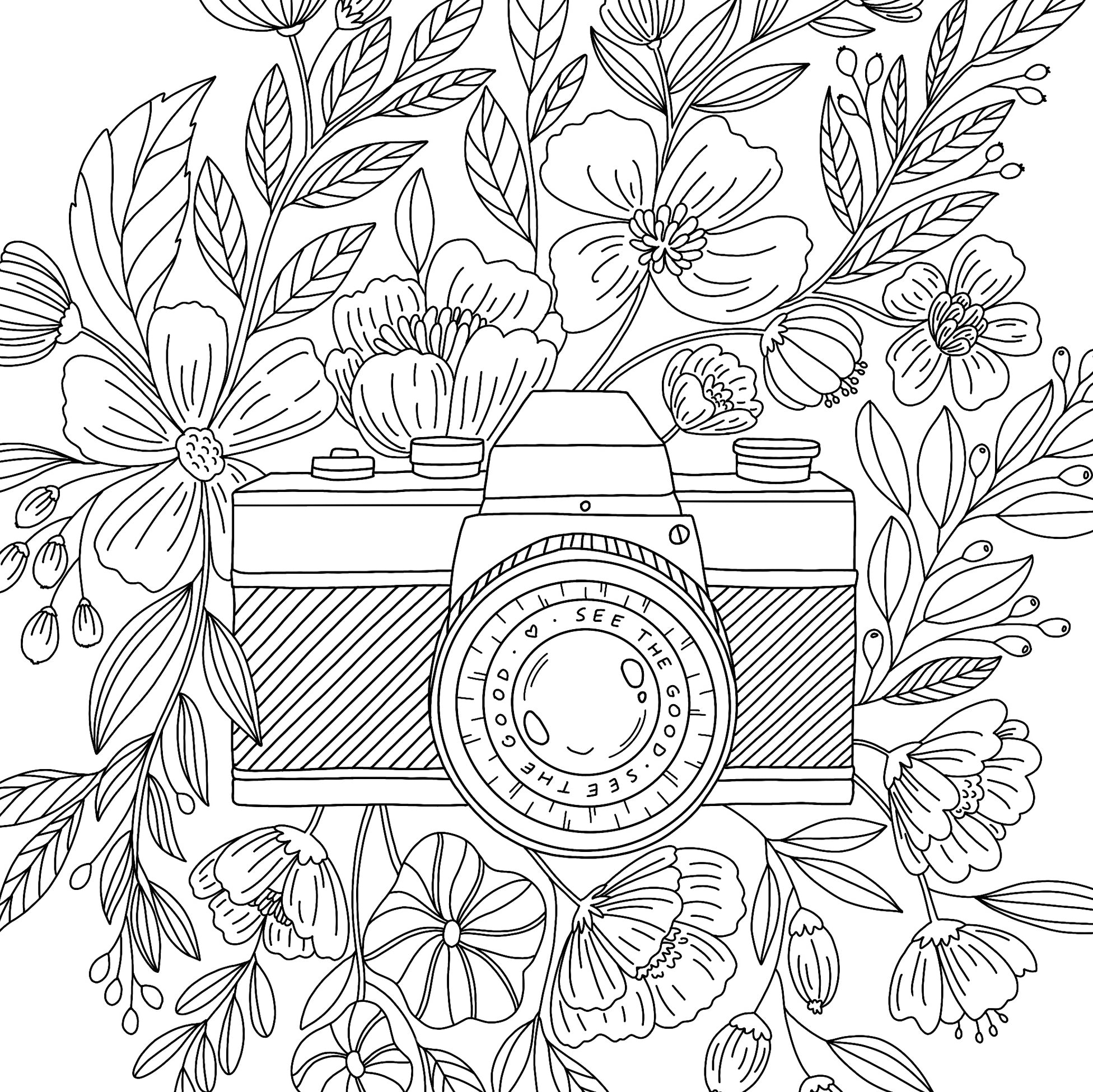 Floral camera coloring page