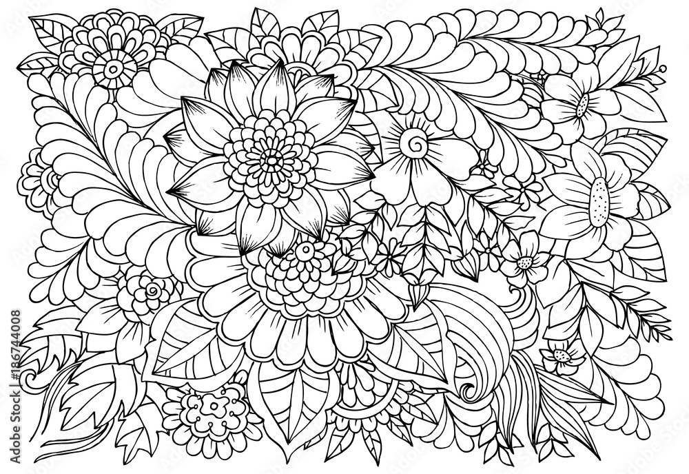 Black and white flower pattern for adult coloring book doodle floral drawing art therapy coloring page printable card vector