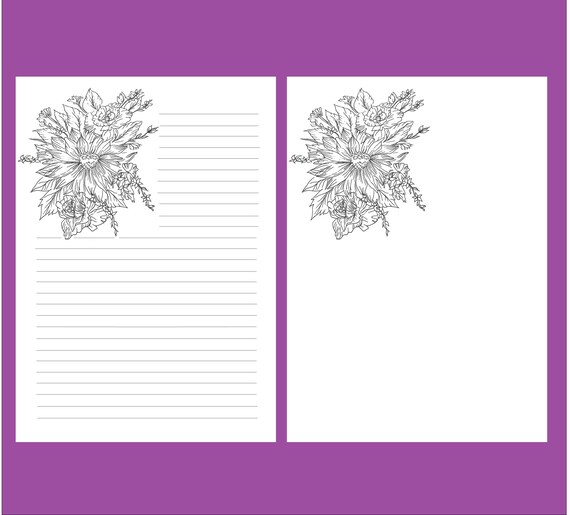 Coloring letter writing stationery printable floral lined stationery adult coloring pages pdf digital download