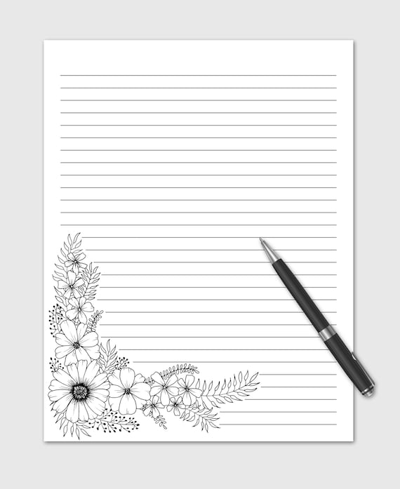 Printable stationery hand drawn floral corner wreath writing paper download x letter size a size printable note paper digital paper