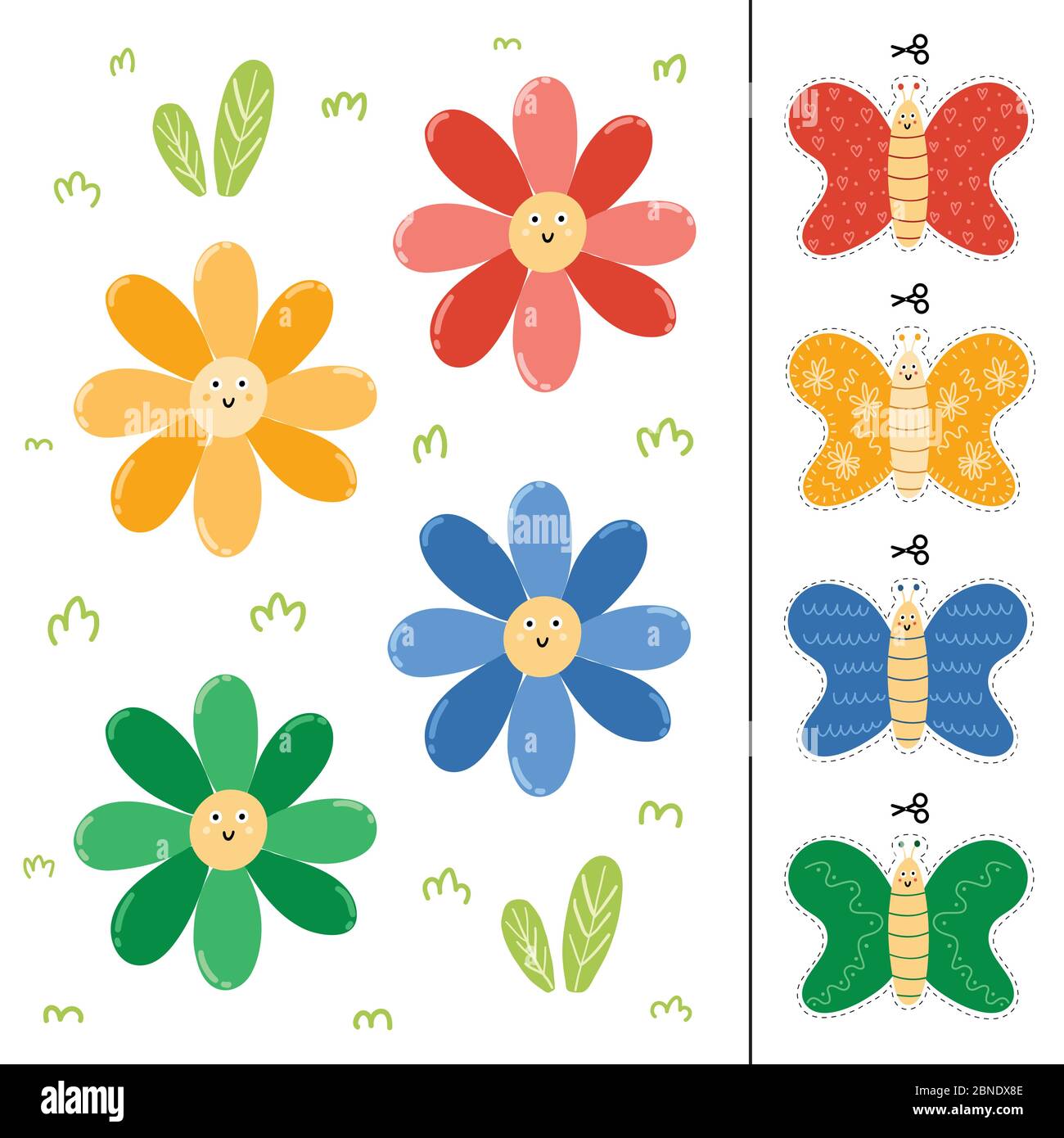 Flowers and butterflies color matching game for kids stock vector image art