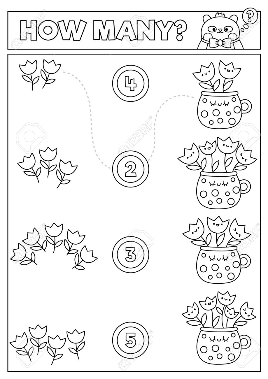 Spring black and white matching game with cute kawaii tulips in cup garden math activities for kids educational printable easter counting worksheet or coloring page with cartoon flowers in pot royalty free