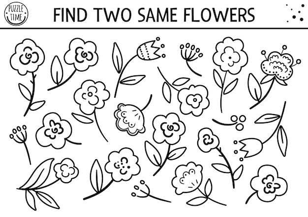 Premium vector find two same flowers mothers day black and white matching activity for children funny spring line logical quiz worksheet for kids simple printable game or coloring page with cute