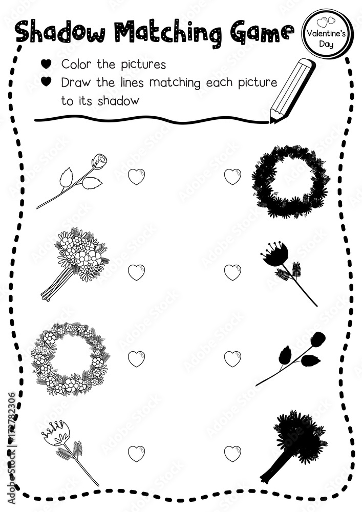 Shadow matching game of flowers for preschool kids activity worksheet in valentines day theme coloring printable version layout in a vector