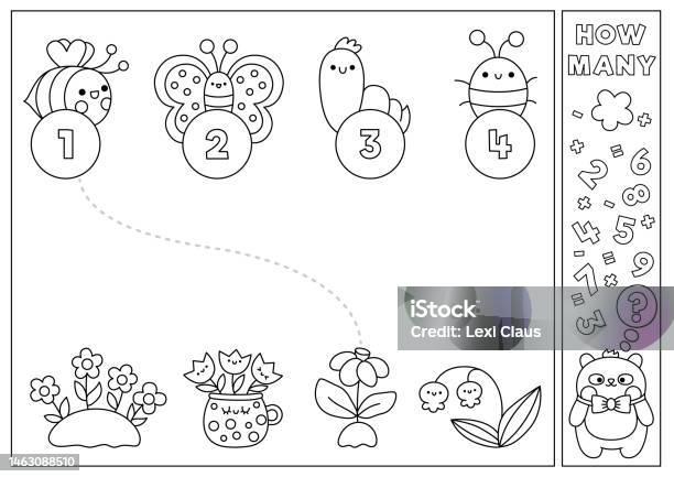 Spring black and white matching game with cute kawaii flowers and insects elementary garden math activity