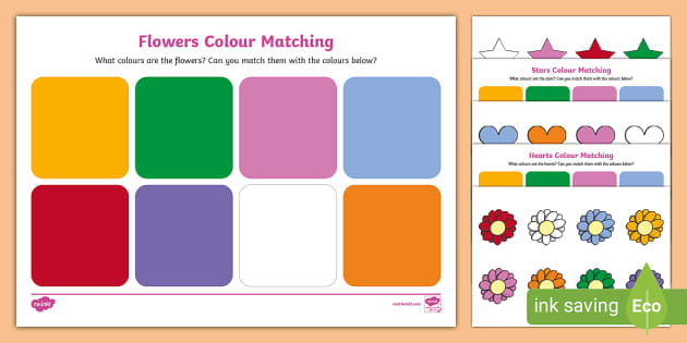 Flowers hearts and stars lour matching activity sheets