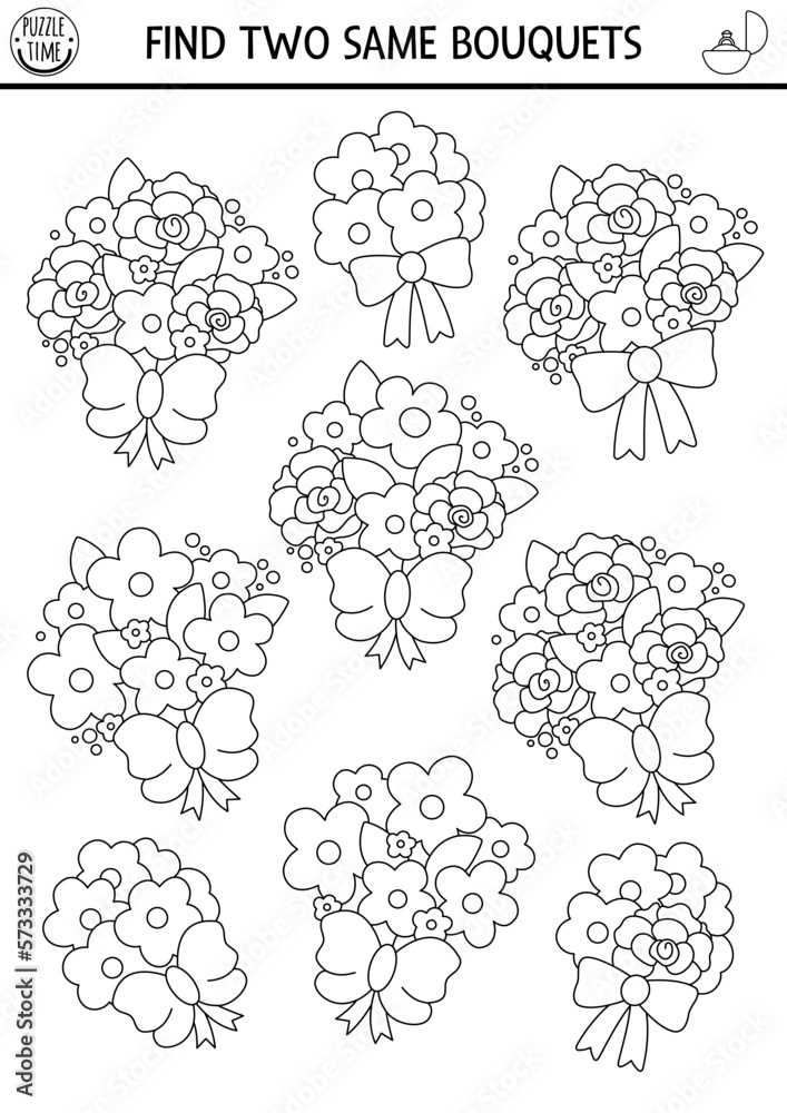 Find two same wedding bouquets marriage ceremony black and white matching activity for children educational quiz worksheet for kids printable game with bride flower arrangements vector