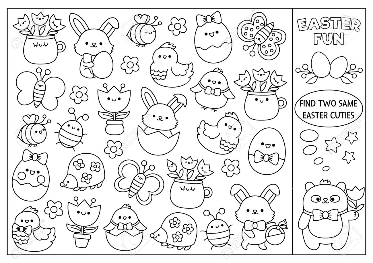 Find two same kawaii cuties easter black and white matching activity for children spring holiday line quiz or coloring page for kids simple printable game with eggs animals flowers royalty free svg