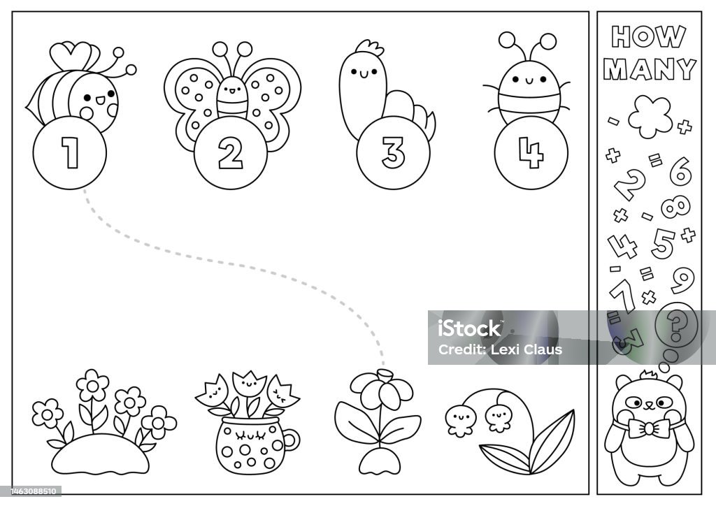 Spring black and white matching game with cute kawaii flowers and insects elementary garden math activity for preschool kids educational printable easter counting worksheet or coloring page stock illustration
