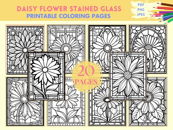 Daisy stained glass pattern coloring page printable pages pdf jpeg png daisy flower mosaic glass art instant download