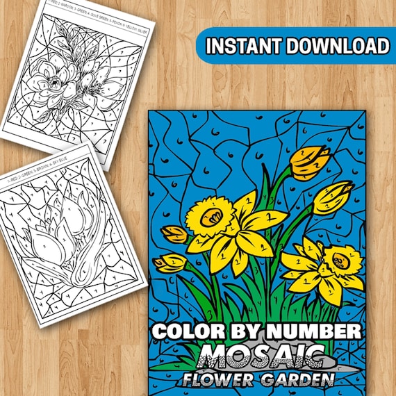 Best value mosaic flower garden activity pages printable mosaic flower color by number pages for teens and adults instant download