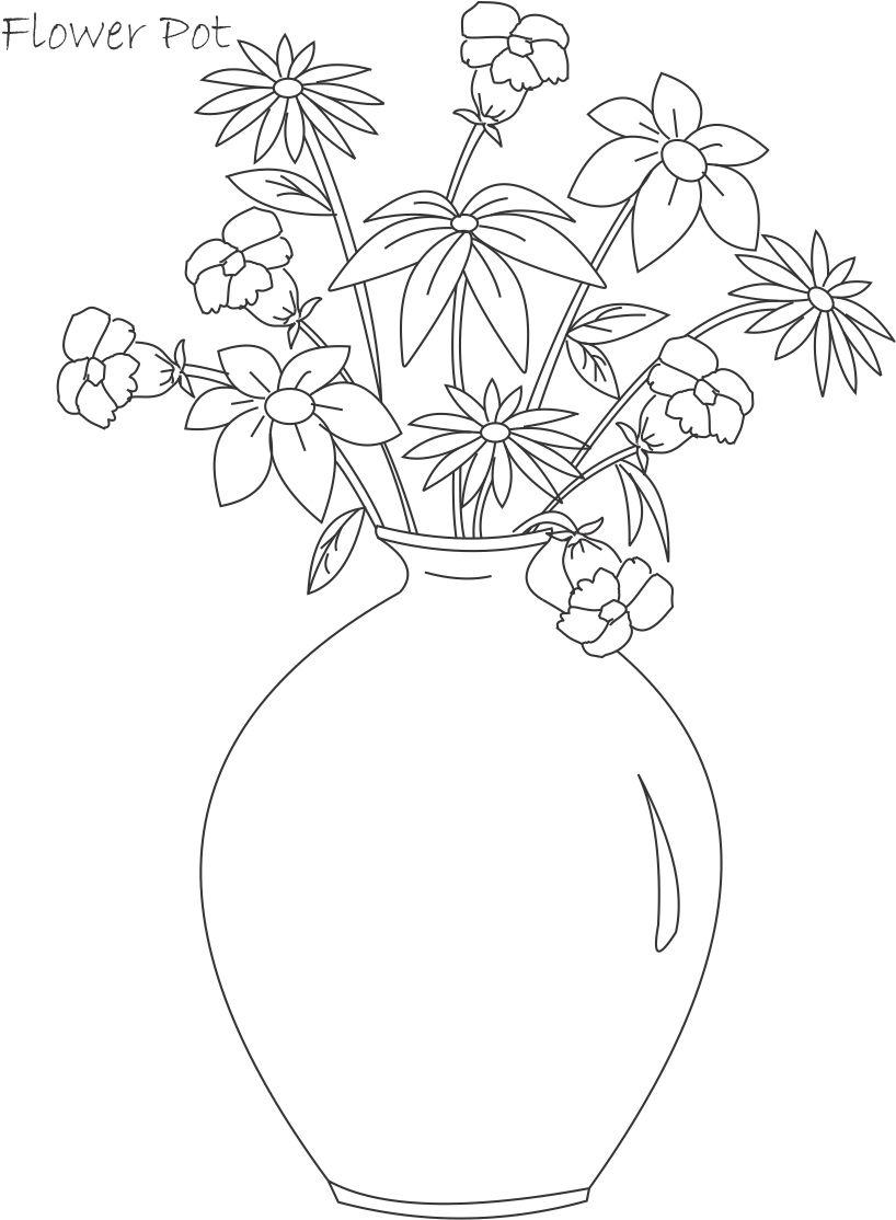 Flower pot coloring printable page for kids