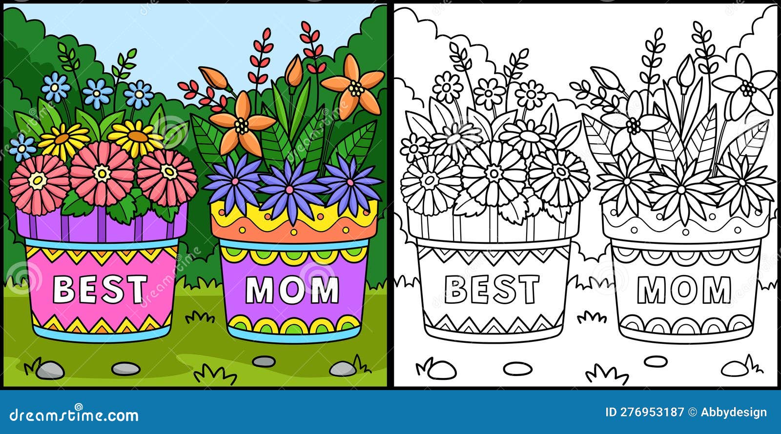 Mothers day flower pots coloring page illustration stock vector