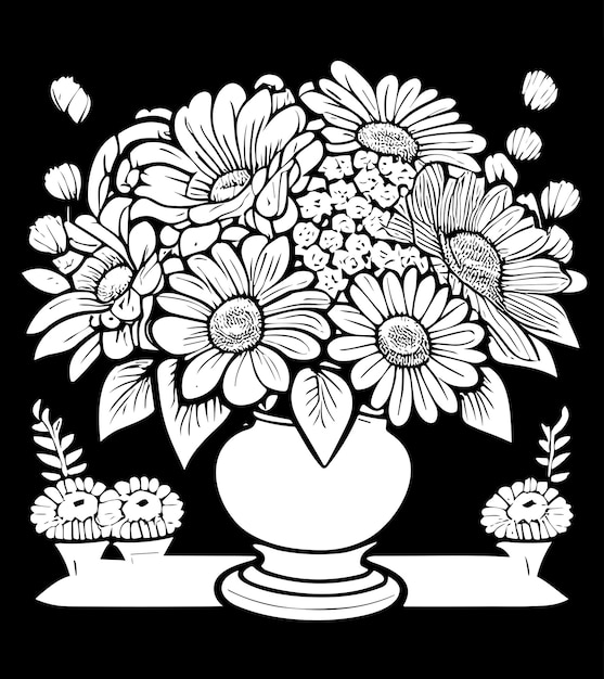 Premium vector bouquet of flowers in pots for watering vector illustration coloring book for kids and adults isolat