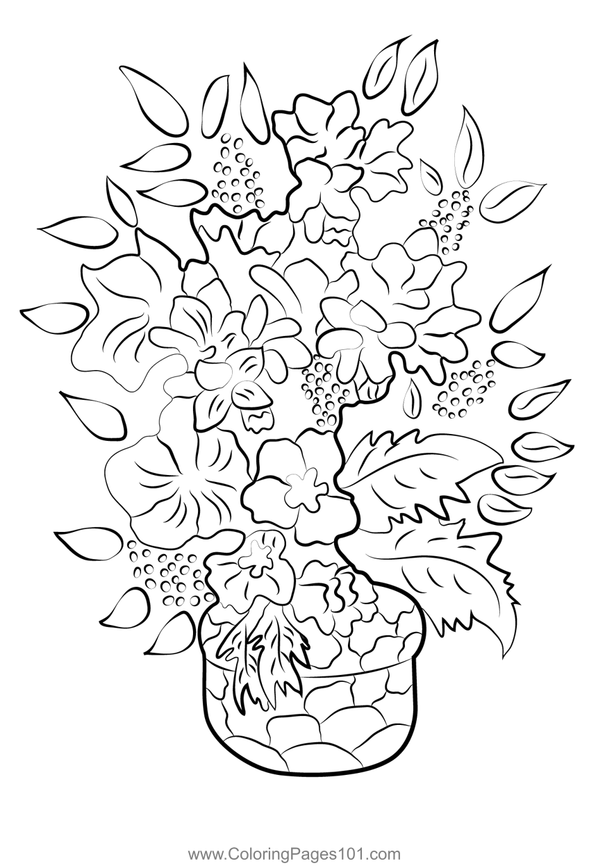 Flowers in pottery vase coloring page for kids