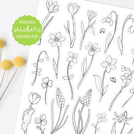 Spring wildflower coloring printable stickers floral decorative stickers planner stickers color and cut sticker sheet digital download
