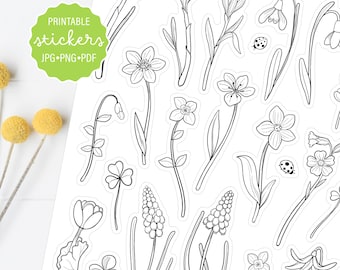 Spring wildflower coloring printable stickers floral decorative stickers planner stickers color and cut sticker sheet digital download