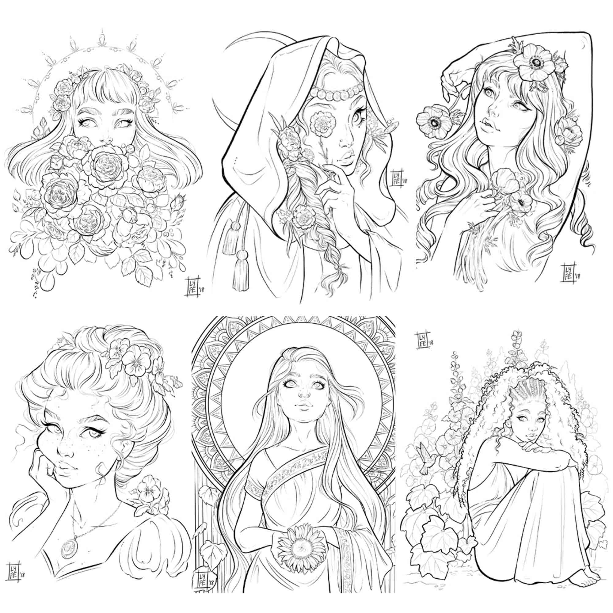 Flower girls digital coloring book