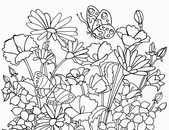 Printable coloring page flowers butterflies instant download