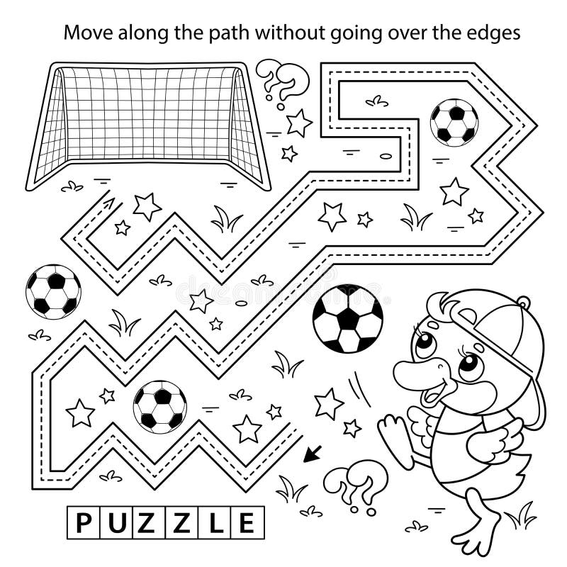 Handwriting practice sheet simple educational game or maze coloring page outline of cartoon duck or duckling with soccer ball stock vector