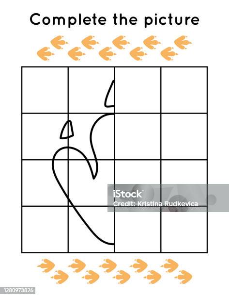 Educational game for children plete the picture outline dinosaur footprint coloring page printable worksheet for learn drawing stock illustration
