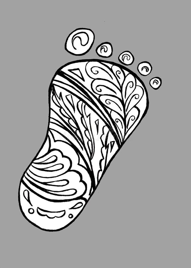 Human foot print doodle and zentangle style child baby foot isolated on gray background stock illustration