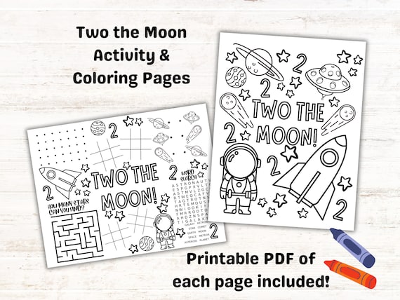 Two the moon coloring page and activity sheet set for kids birthday party space birthday party favor kids party printable year old