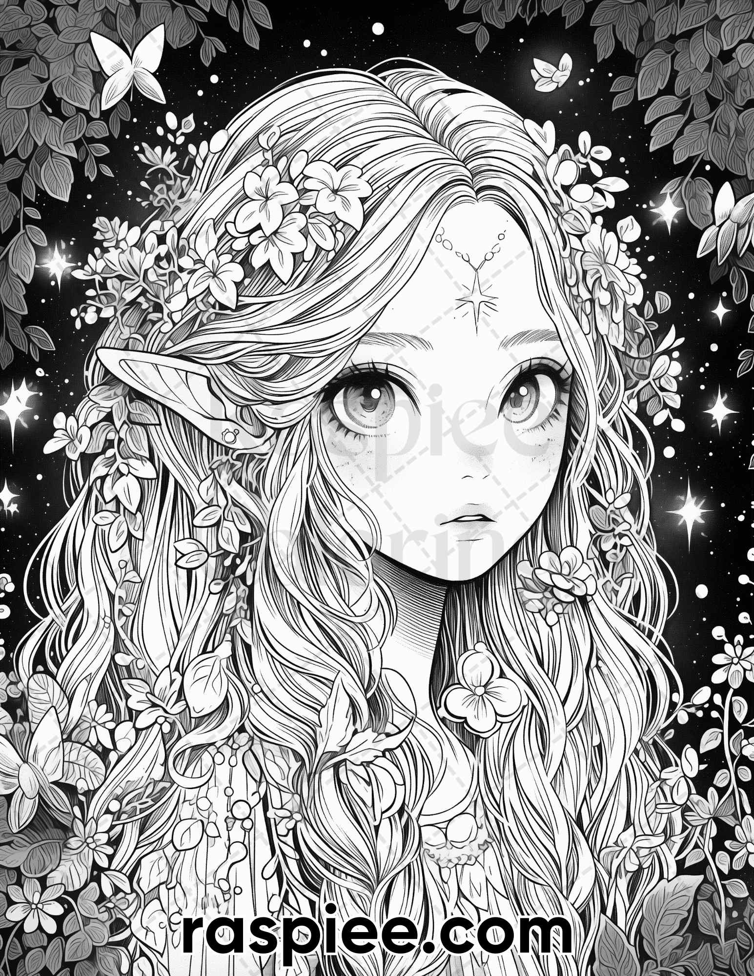 Cute druid girl grayscale coloring pages for adults printable pdf â coloring