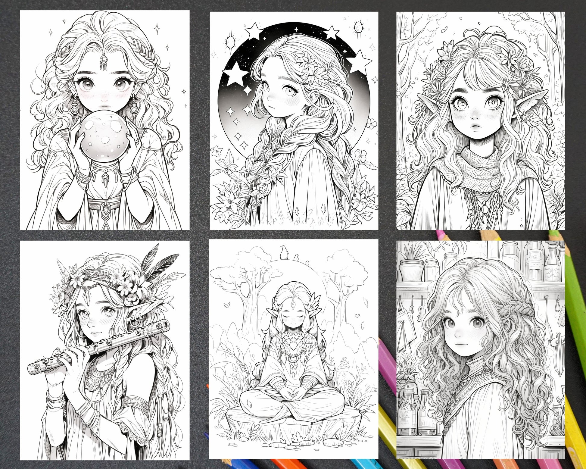 Cute druid girl grayscale coloring pages for adults printable pdf â coloring