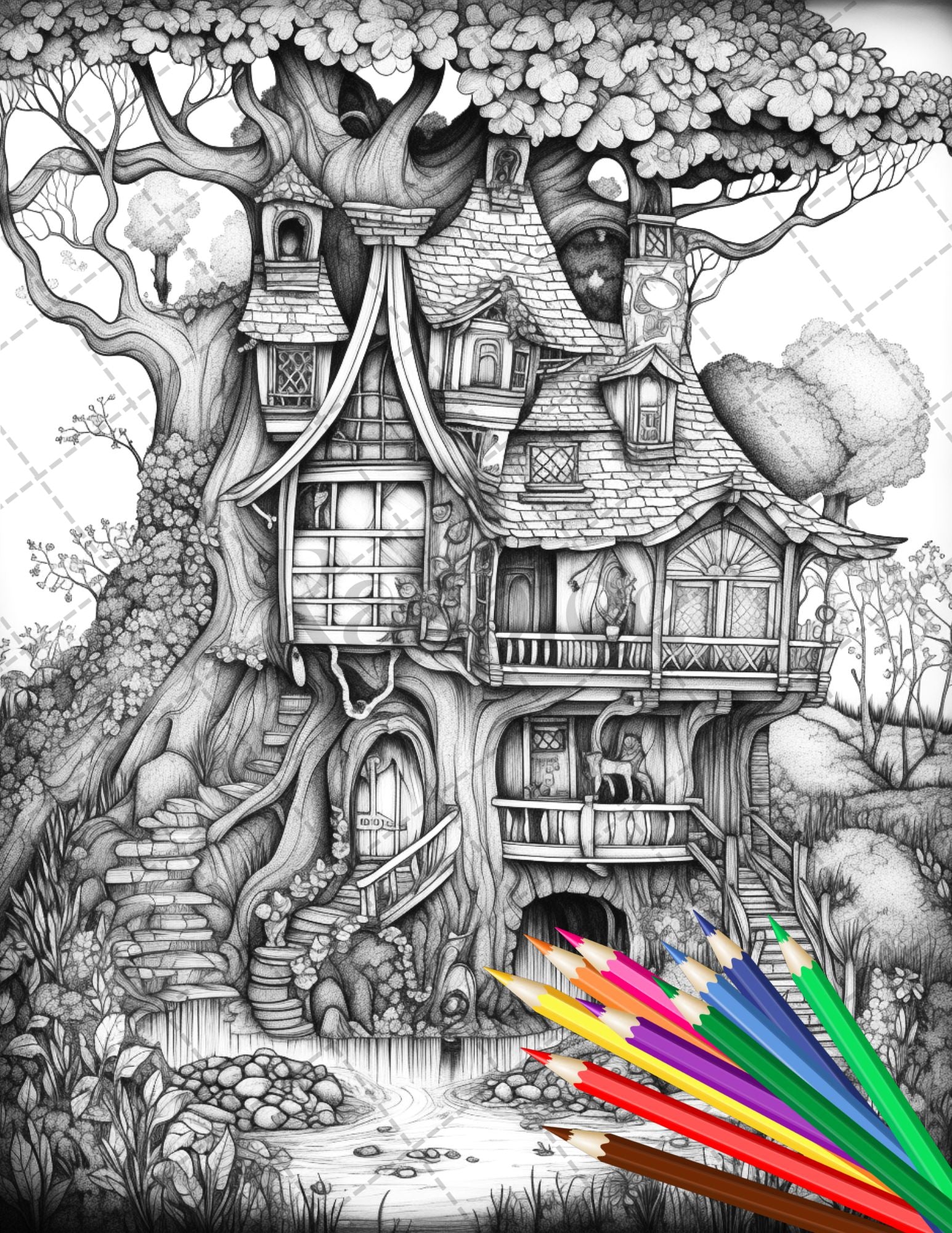 Fantasy fairy houses coloring page book printable adult coloring p â coloring