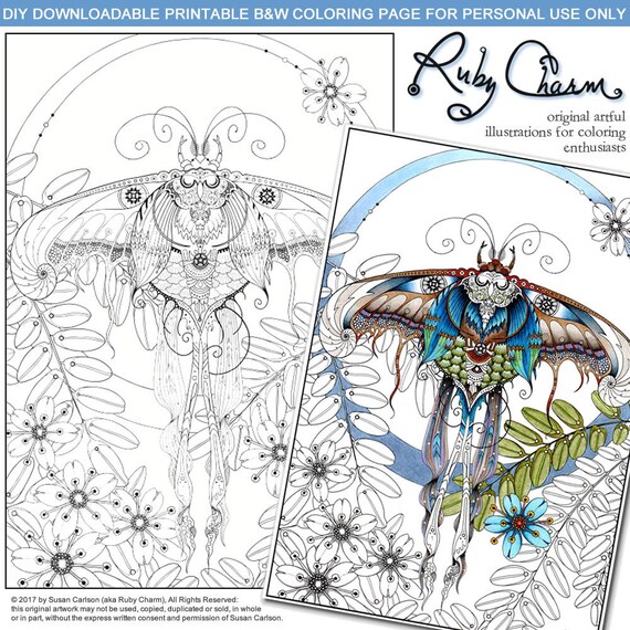 Pdf luna moth downloadable printable adult coloring page ruby charm artful illustrations for coloring enthusiasts animals nature instant download