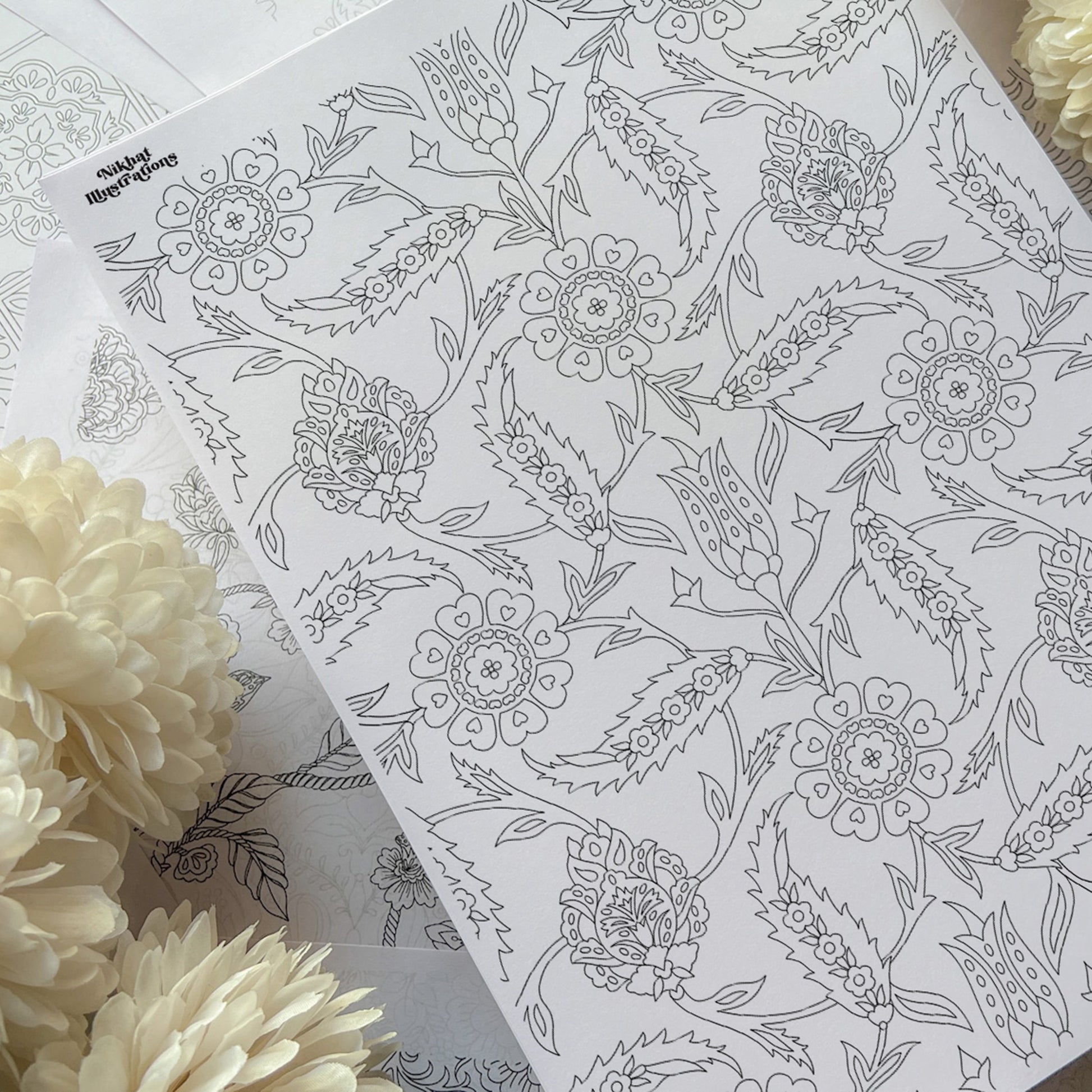 Floral set of pdf adult coloring page instant download â nikhat illustrations