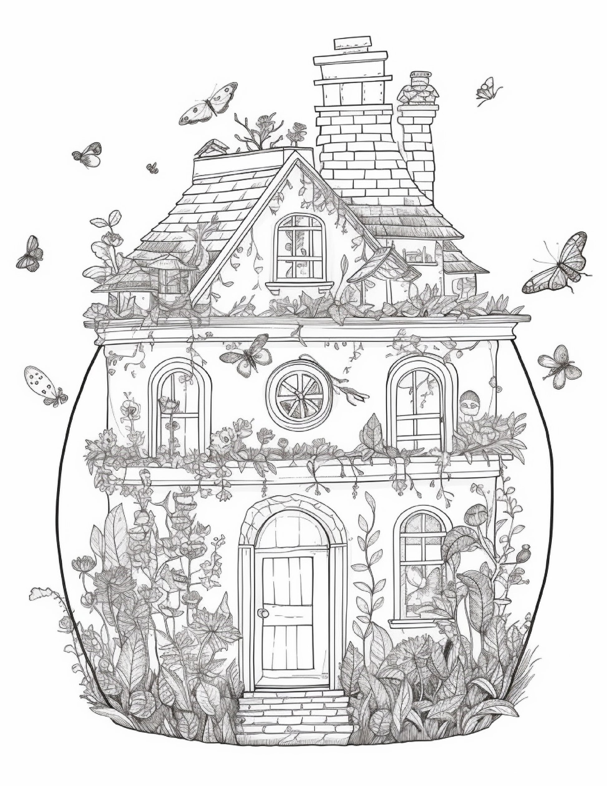 Printable fairy houses in jar coloring pages for adults grayscale â coloring