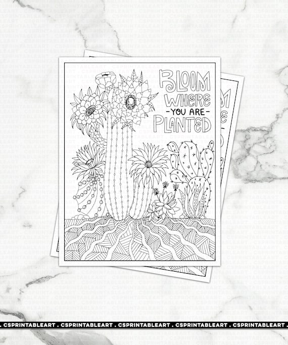 Digital coloring page printable download bloom where you are planted cactus inspirational gift high school student teen graduation