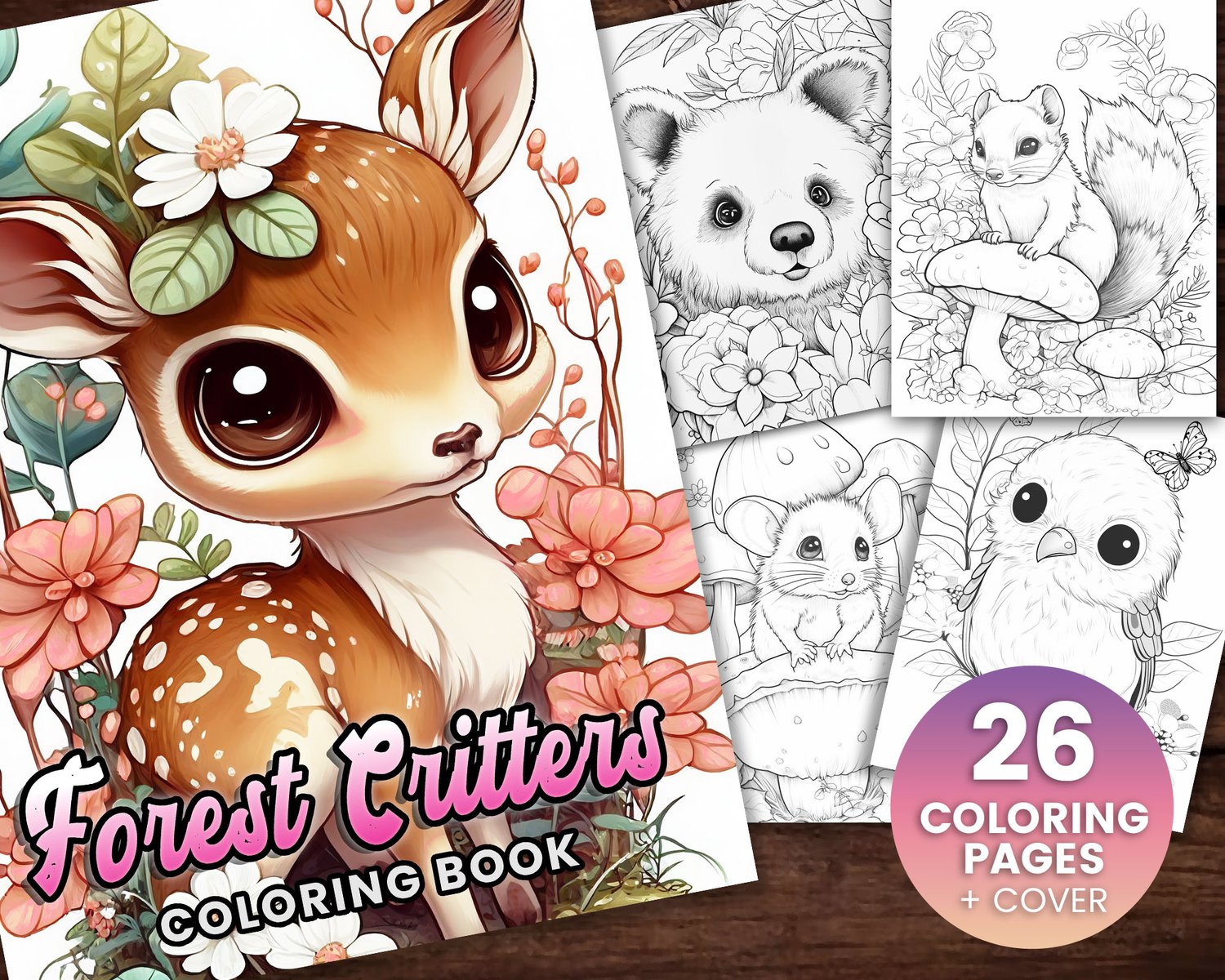Forest critters v cute animal coloring page book adults kids instant download grayscale coloring page printable pdf squirrel fox