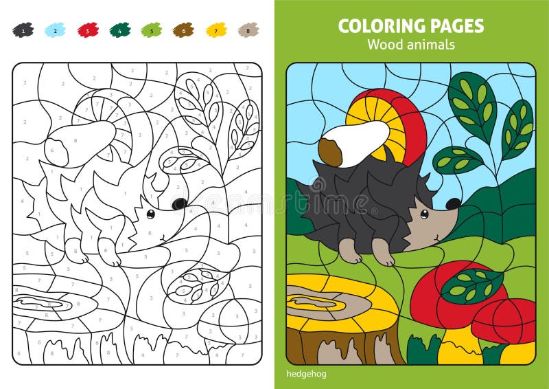 Wood animals coloring page for kids hedgehog in forest stock vector