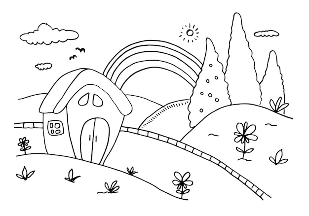 Premium vector a house in the forest coloring page