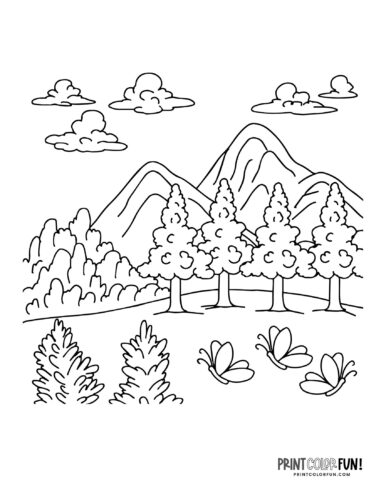 Forest scene coloring pages mountains and trees at