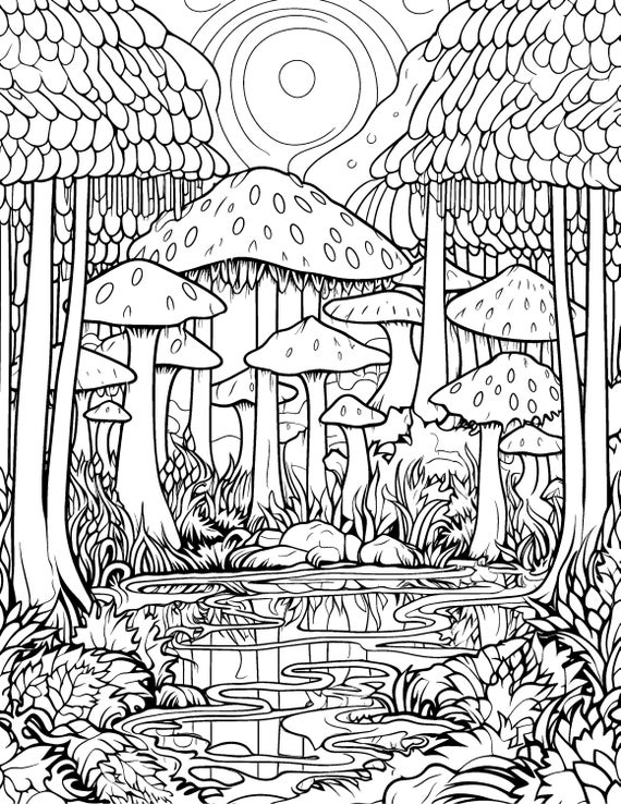 Mushroom forest coloring page printable nature tree landscape fantasy coloring sheet page for adults pdf jpeg png digital download instant download