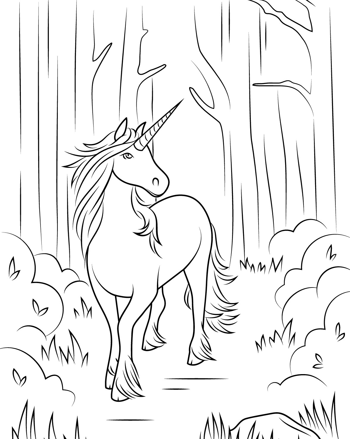 Coloring pages unicorn in a forest coloring pages