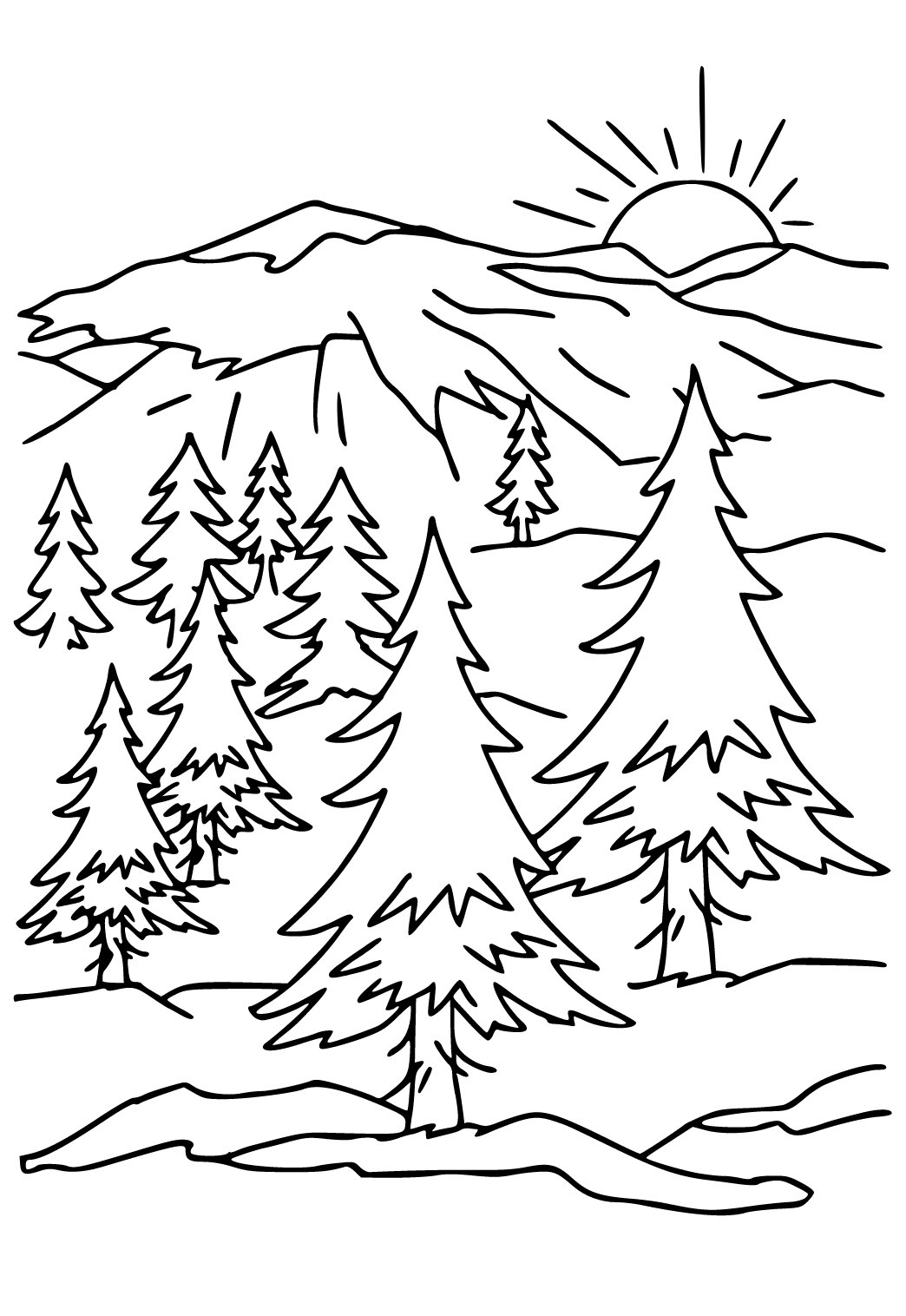 Free printable mountain forest coloring page for adults and kids