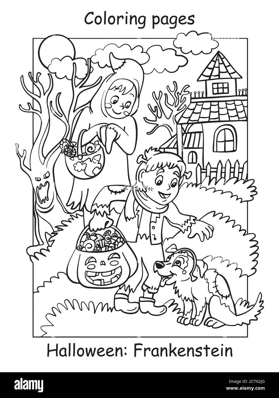 Vector coloring pages children in costumes of ghost and frankenstein patted the dog halloween concept cartoon illustration isolated on white colori stock vector image art
