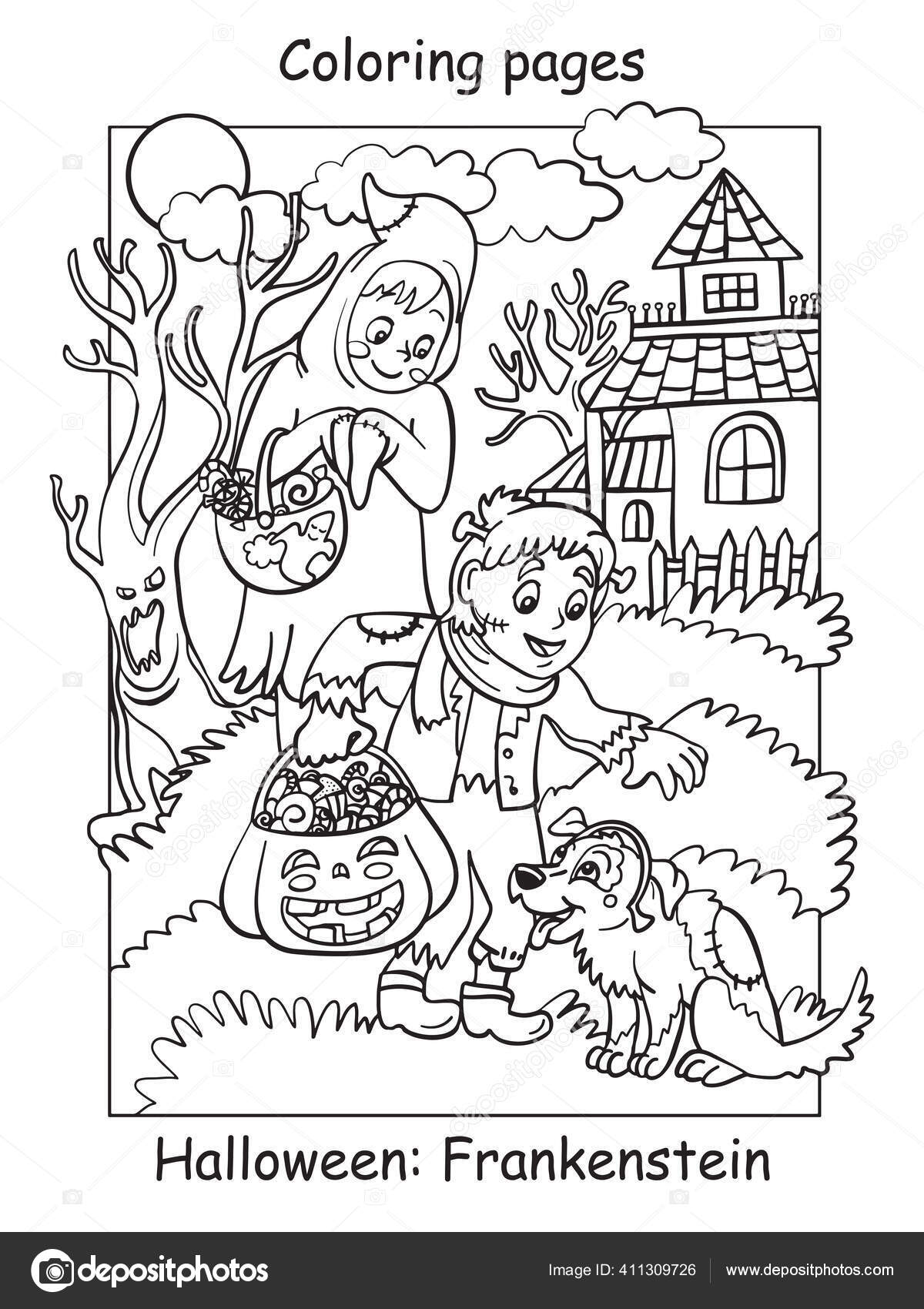 Vector coloring pages children costumes ghost frankenstein patted dog halloween stock vector by alinart