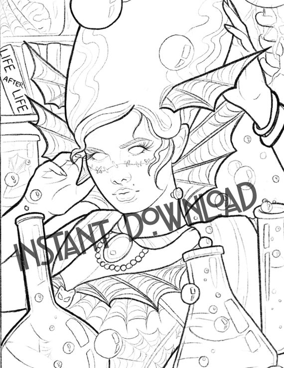 Halloween bride of frankenstein instant download coloring page pdf