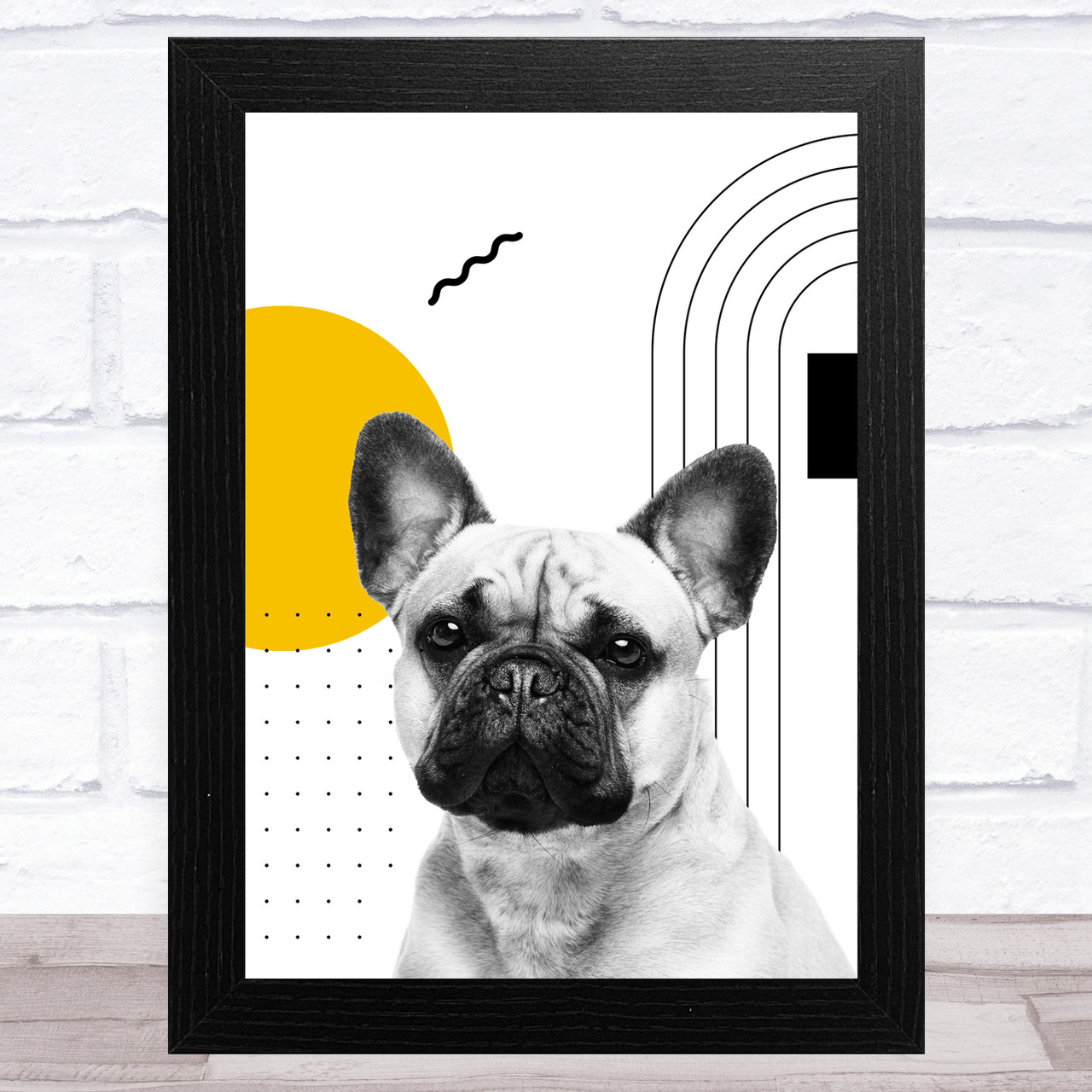 Abstract french bulldog dog with black yellow geometric shapes wall art print
