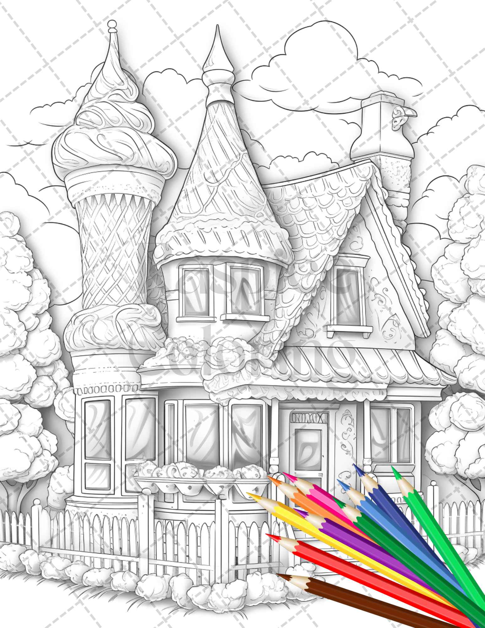 Ice cream houses grayscale coloring pages printable for adults and â coloring