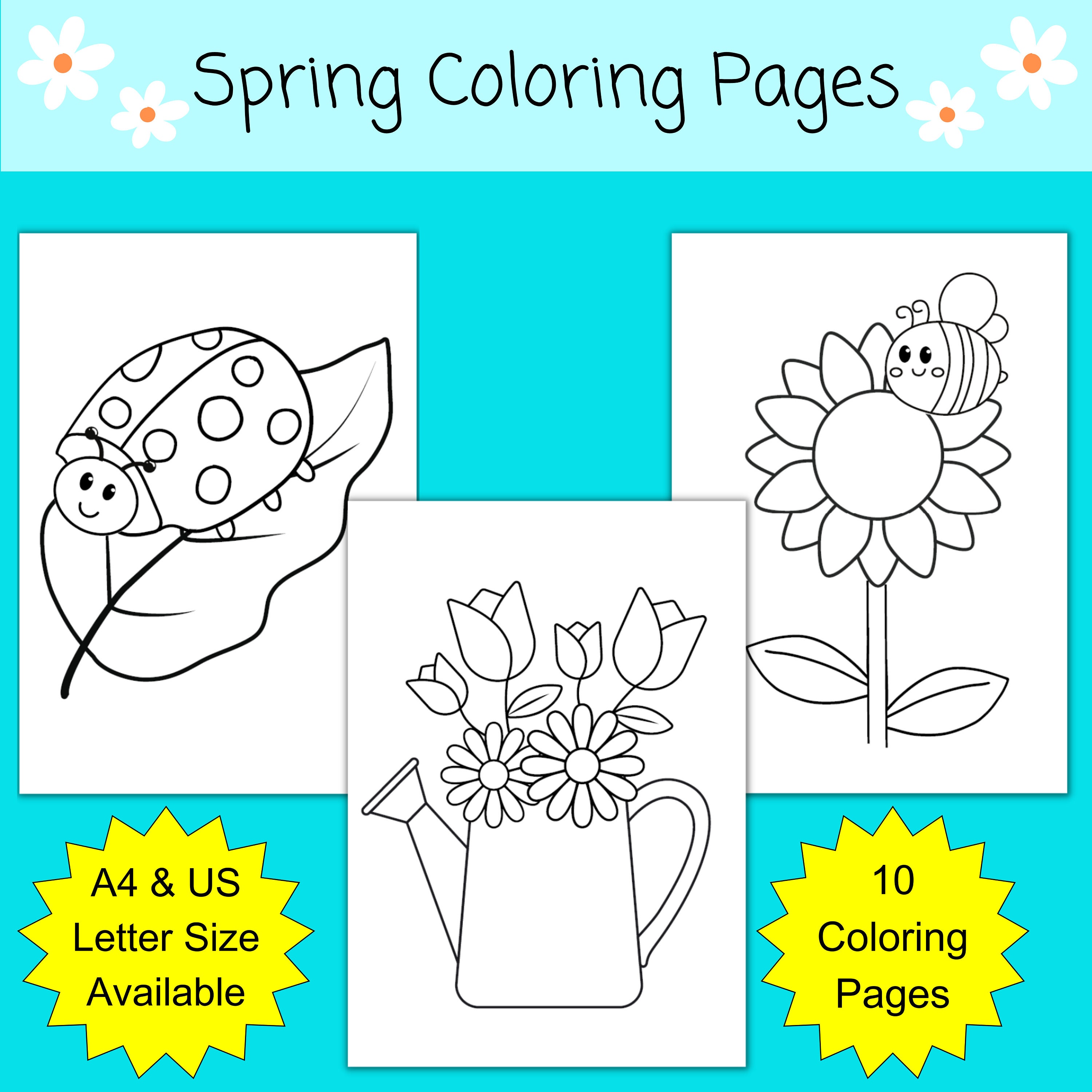 Spring coloring pages printable ladybug caterpillar bird flower watering can frog kindergarten pre k instant download