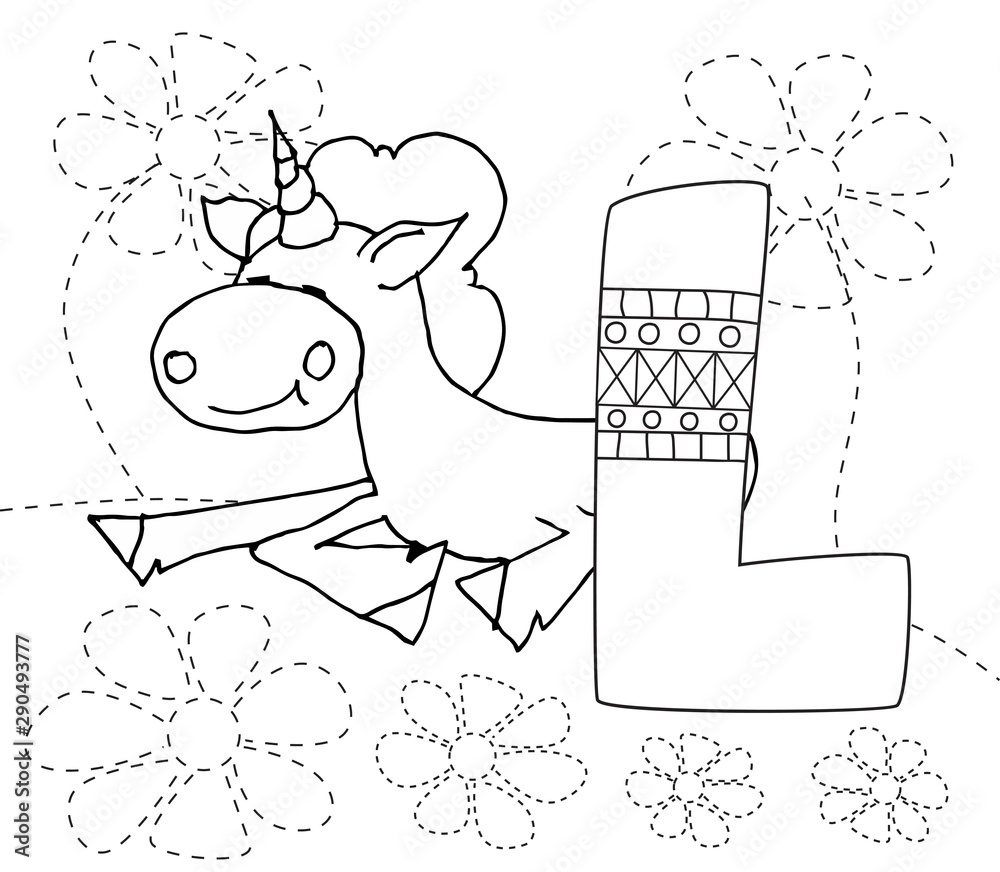 Letter l and funny cartoon unicorn animals alphabet a